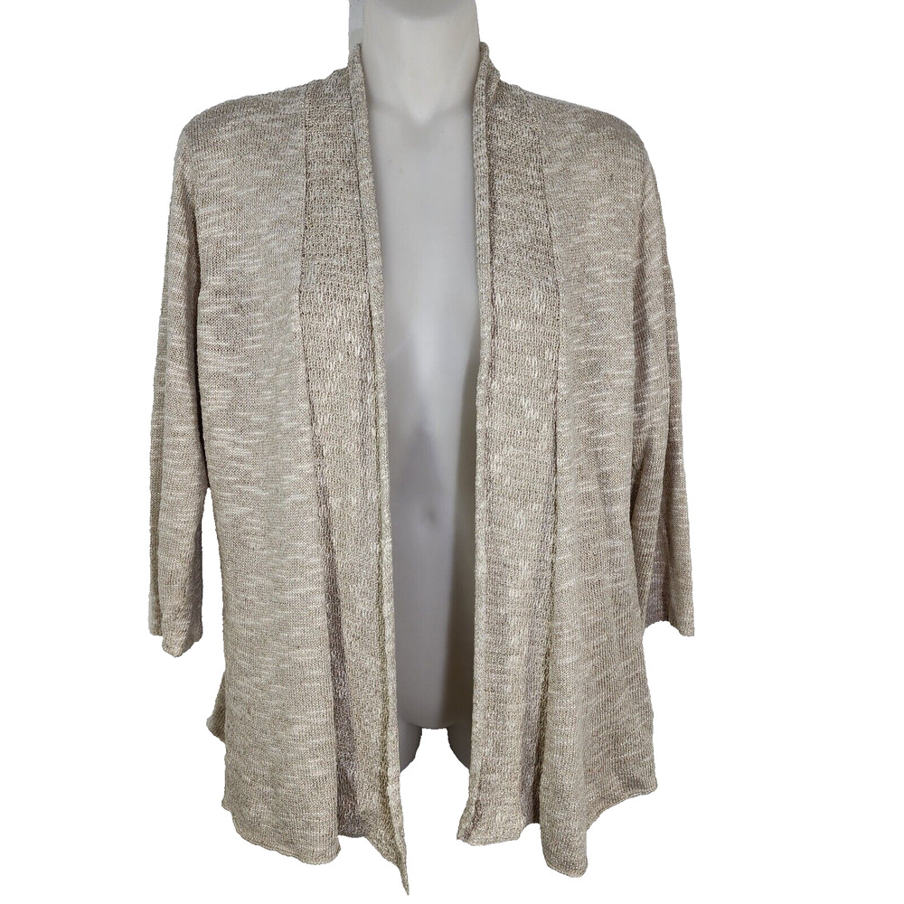 Eileen Fisher Cardigan Sweater Womens Small Beige Open Front Linen Blend 3/4 Slv